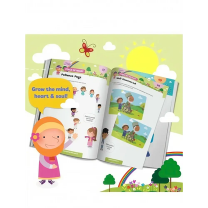 Open children’s educational activity book with colorful illustrations in hajj and umrah complete essentials set with digital tasbih