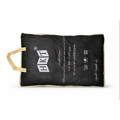 Black hkt brand laundry bag with beige handles and care instructions part of umrah complete essentials set with digital tasbih and activity book
