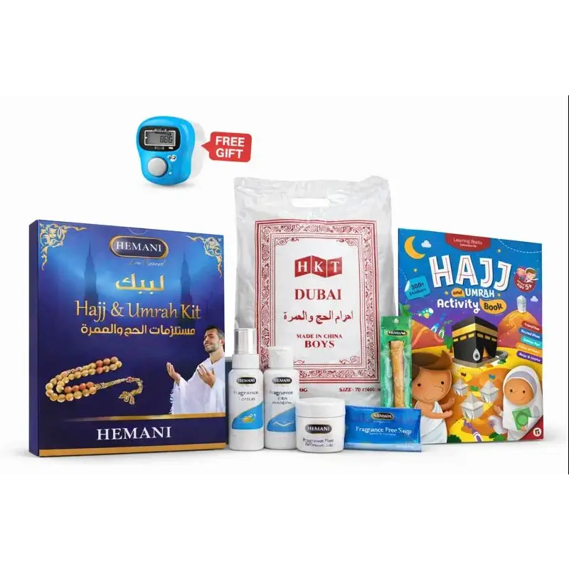 Blue digital tasbih counter with white button and black screen in umrah complete essentials set with activity book