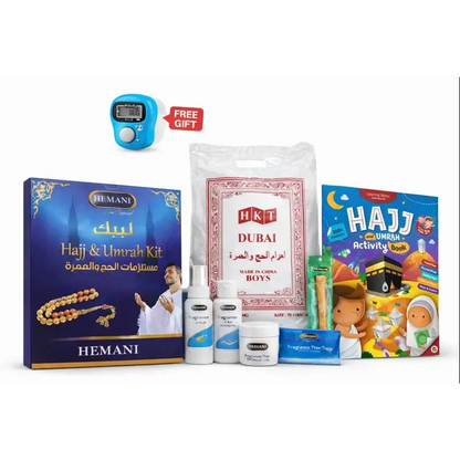 Blue digital tasbih counter with white button and black screen in umrah complete essentials set with activity book