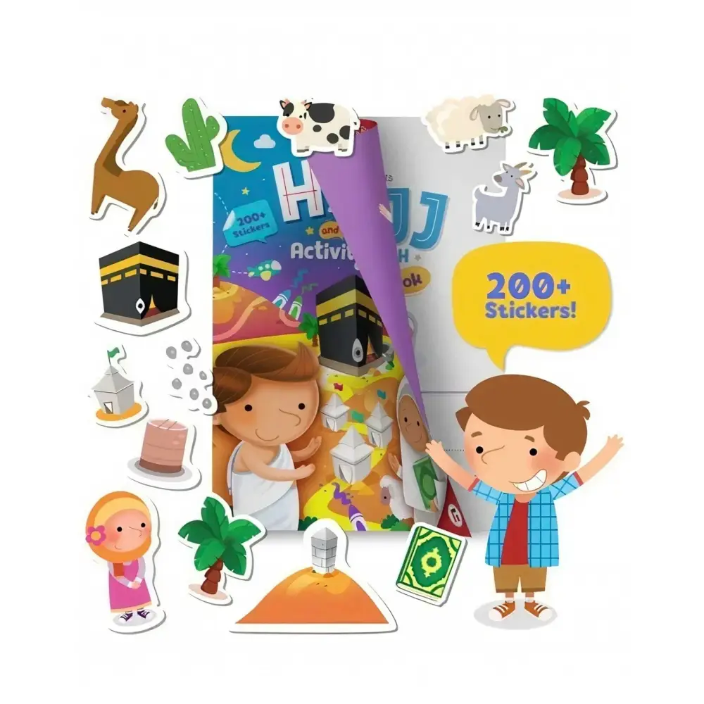 Colorful kids activity book with 200 plus stickers of animals landmarks and characters in umrah complete essentials set