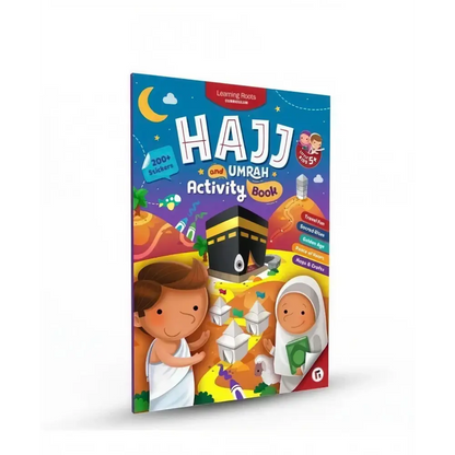 Colorful hajj and umrah activity book with cartoon pilgrims kaaba and stickers in umrah complete essentials set with digital tasbih