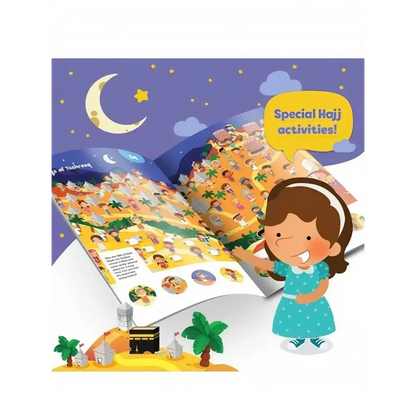 Colorful kids activity book page in hajj and umrah complete essentials set featuring special hajj activities and digital tasbih