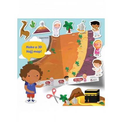 Black and gold kaaba cutout with geometric patterns in umrah complete essentials set with kids activity book and digital tasbih