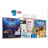Blue and gold hemani hajj and umrah complete essentials set box with man in white robes holding prayer beads and activity book