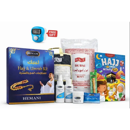 Blue and gold hemani hajj and umrah complete essentials set box with man in white robes holding prayer beads and activity book
