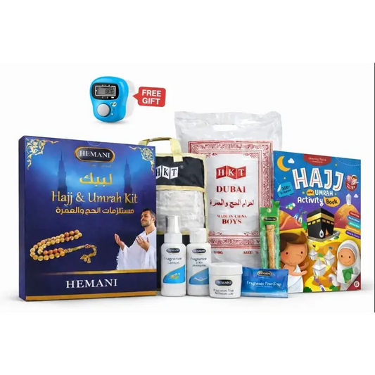 Blue and gold hemani hajj and umrah complete essentials set box with man in white robes holding prayer beads and activity book