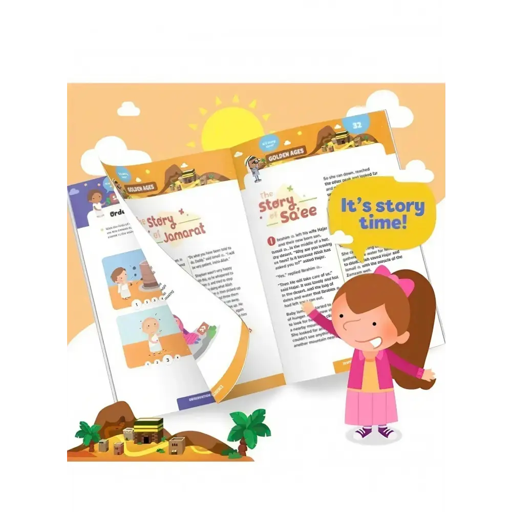 Colorful kids activity book titled the story of jamarat with cartoon girl on cover in umrah complete essentials set