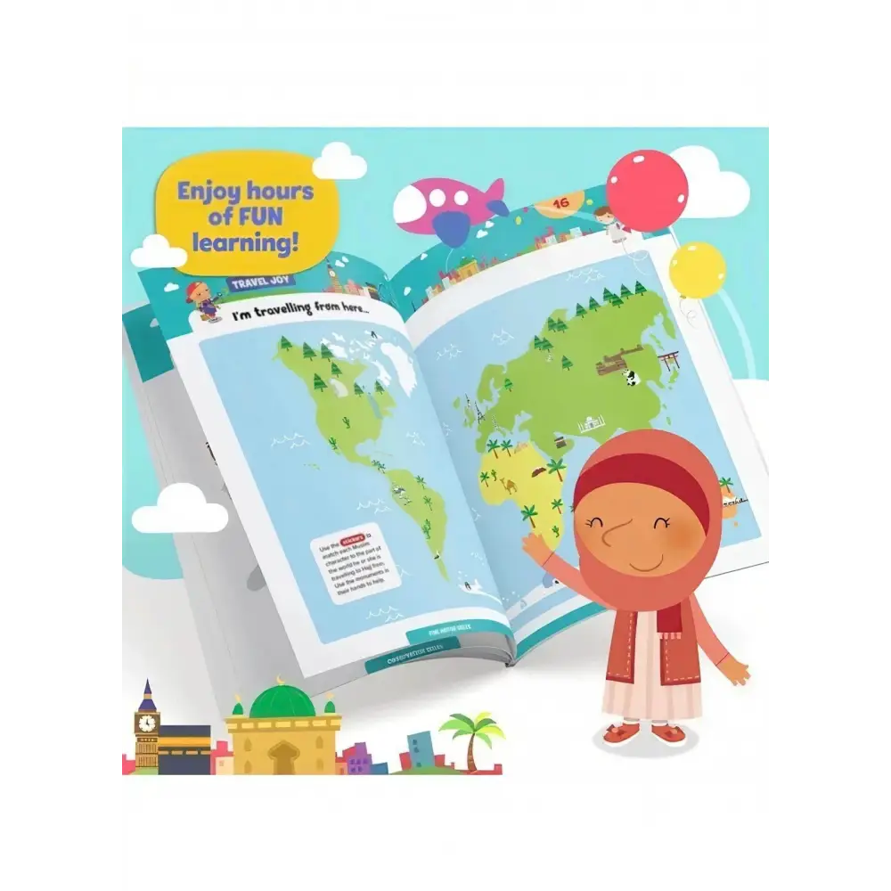Colorful umrah complete essentials kids activity book with world map, landmarks, balloons, and airplanes illustration