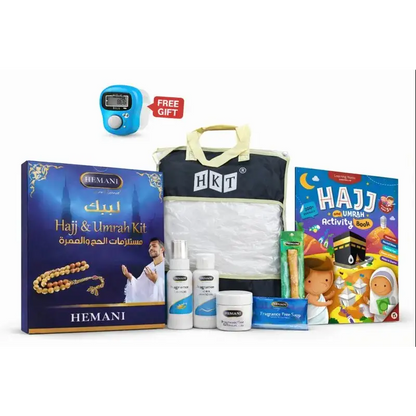 Blue and gold hemani hajj and umrah complete essentials set with digital tasbih and kids activity book in islamic design