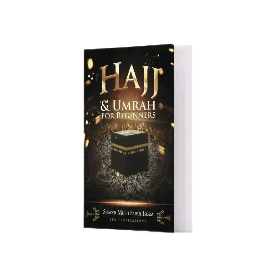 Black hardcover book titled hajj and umrah for beginners with gold foil lettering and kaaba image for pilgrims guide