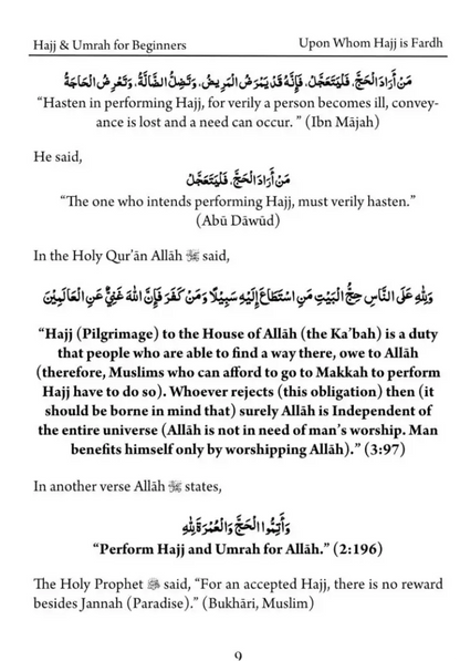 The page of hajj and umrah for beginners guide showing arabic and english text on hajj with qur’an and hadith verses