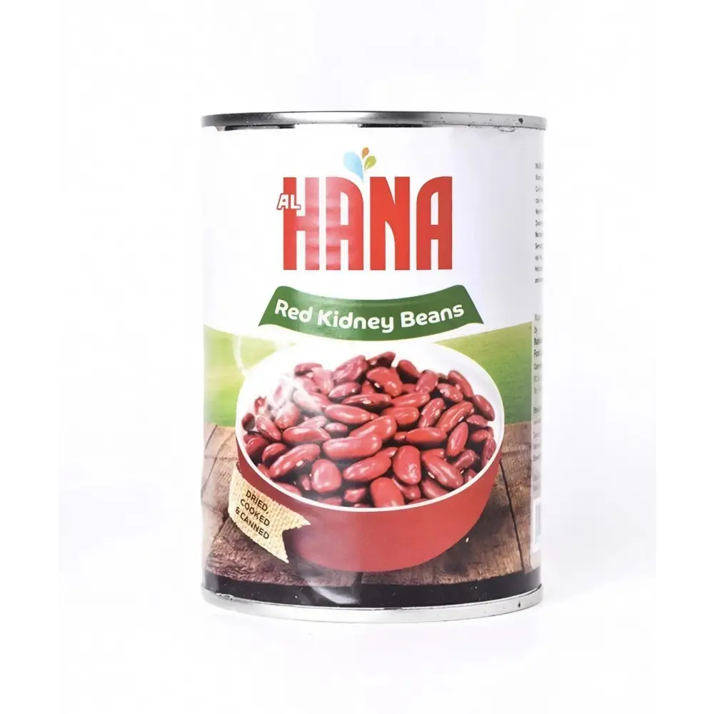 A white cylindrical can of hanaa red kidney beans with a red and green label showing cooked beans for middle eastern bean stew