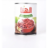 A white cylindrical can of hanaa red kidney beans with a red and green label featuring arabic text for middle eastern bean stew