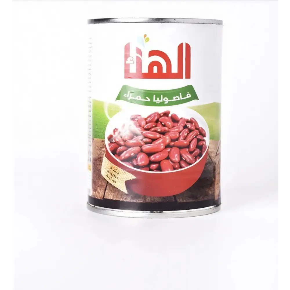 A white cylindrical can of hanaa red kidney beans with a red and green label featuring arabic text for middle eastern bean stew