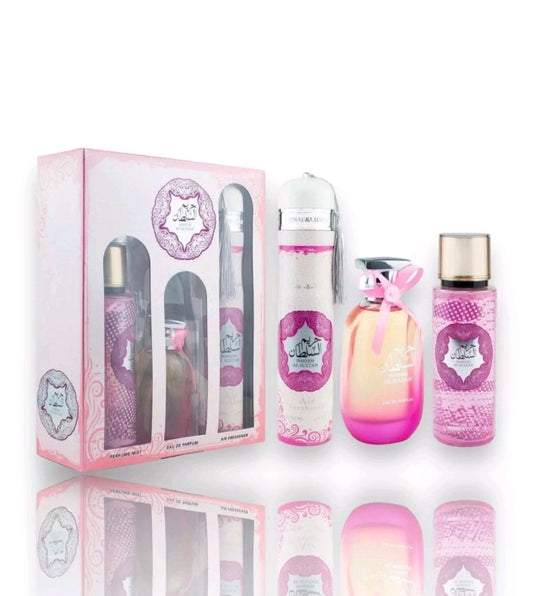 Hareem Al Sultan Gift Set by Ard Al Zaafaran – 3-piece women’s fragrance collection with perfume, body spray & air freshener. Oriental floral amber scent.