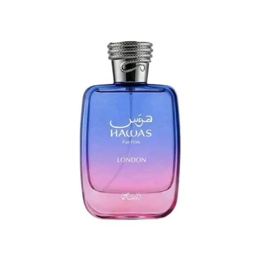 A gradient blue to pink glass perfume bottle with silver cap labeled hawas for him london 100ml eau by noor east