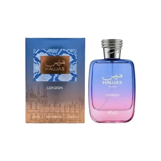 Ombre gradient blue to pink glass perfume bottle with silver cap hawas london 100ml eau de parfum noor east