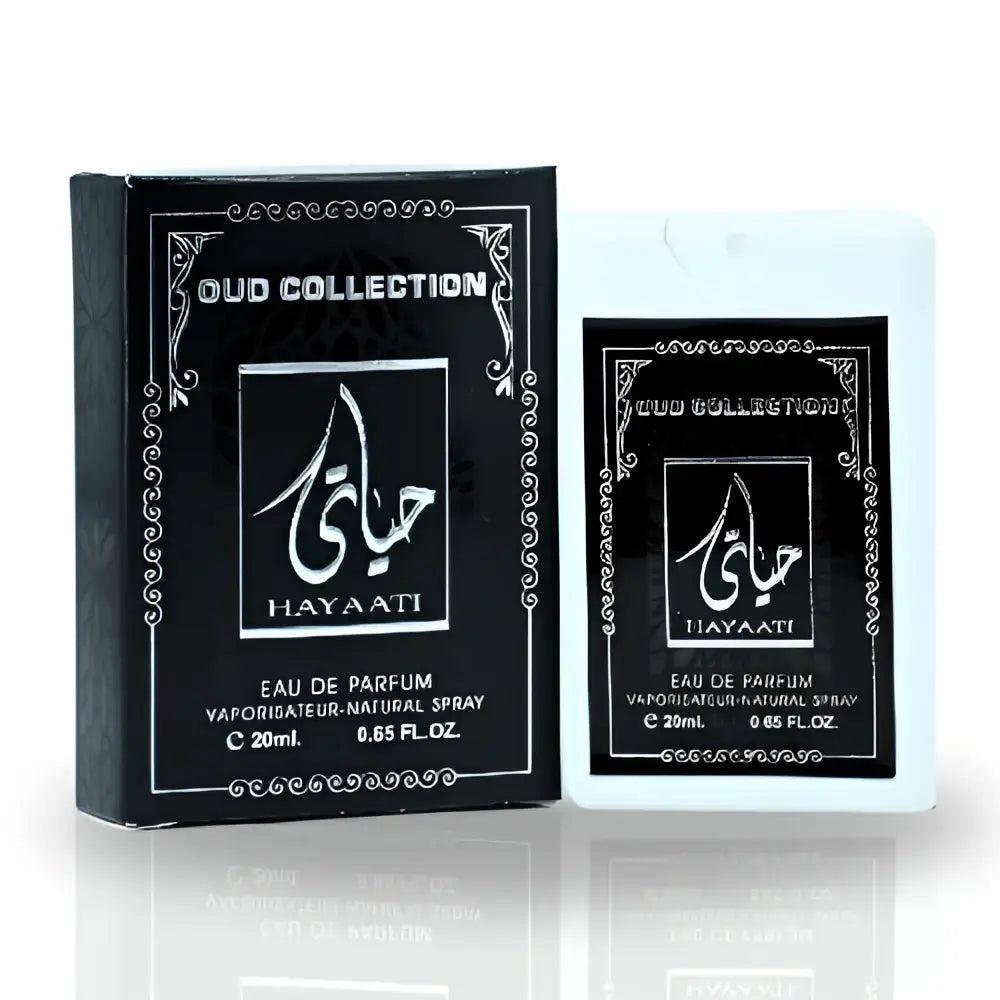Black rectangular box and white plastic 20ml pocket spray labeled oud collection by hayaati for ard al zaafaran perfume