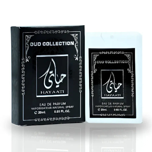 Black rectangular box and white plastic 20ml pocket spray labeled oud collection by hayaati for ard al zaafaran perfume