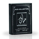 Black rectangular box of hayaati oud collection eau de parfum with silver arabic script and ornate white border for ard al zaafaran 20ml pocket spray
