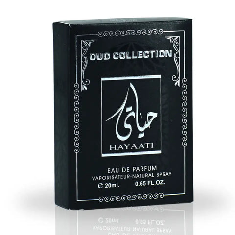 Black rectangular box of hayaati oud collection eau de parfum with silver arabic script and ornate white border for ard al zaafaran 20ml pocket spray