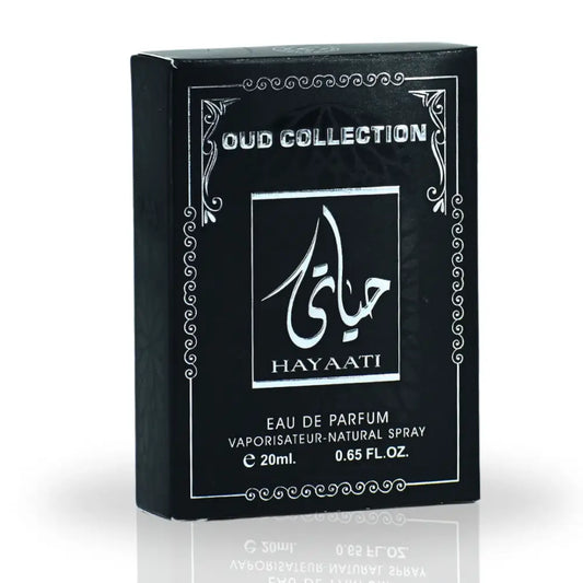 Black rectangular box of hayaati oud collection eau de parfum with silver arabic script and ornate white border for ard al zaafaran 20ml pocket spray