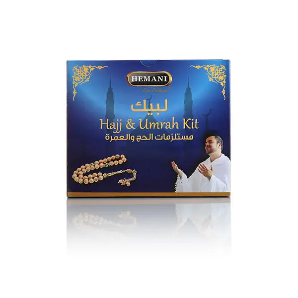 Hemani Hajj & Umrah Kit packaging with blue background and man in white robe holding rosary.