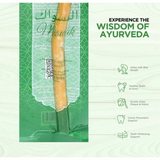 Traditional wooden toothbrush with packaging on a green background, promoting Ayurveda.