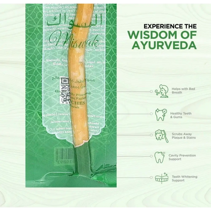 Traditional wooden toothbrush with packaging on a green background, promoting Ayurveda.