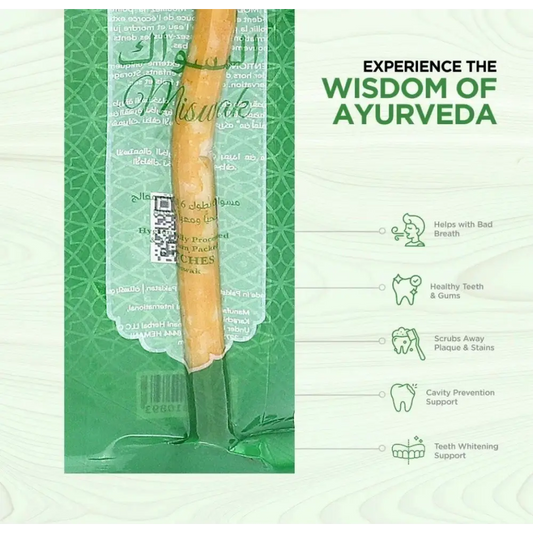 Traditional wooden toothbrush with packaging on a green background, promoting Ayurveda.