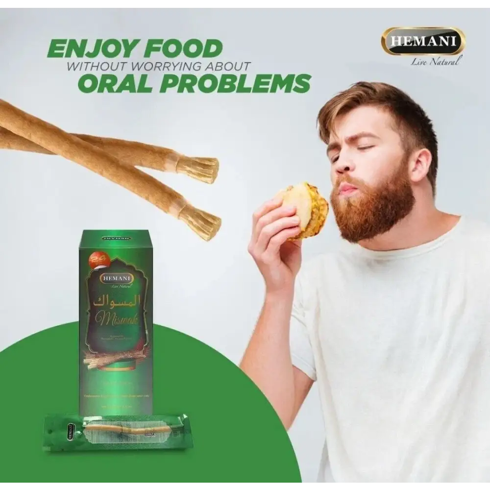 Man eating a snack with Hemani product packaging and branding in the background