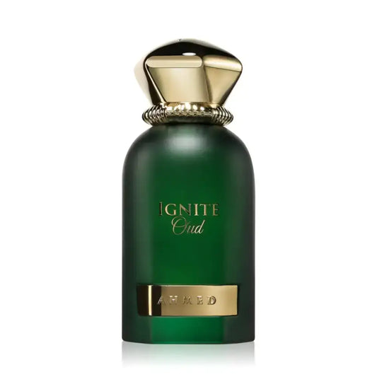 Deep emerald green ignite oud perfume 60ml edp with polished gold cap and metallic label by ahmed al maghribi
