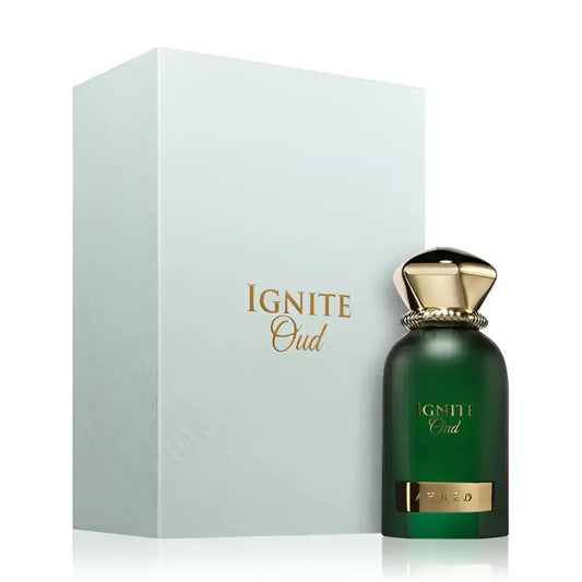 Emerald green glass ignite oud perfume 60ml edp with gold-toned cap and label by ahmed al maghribi