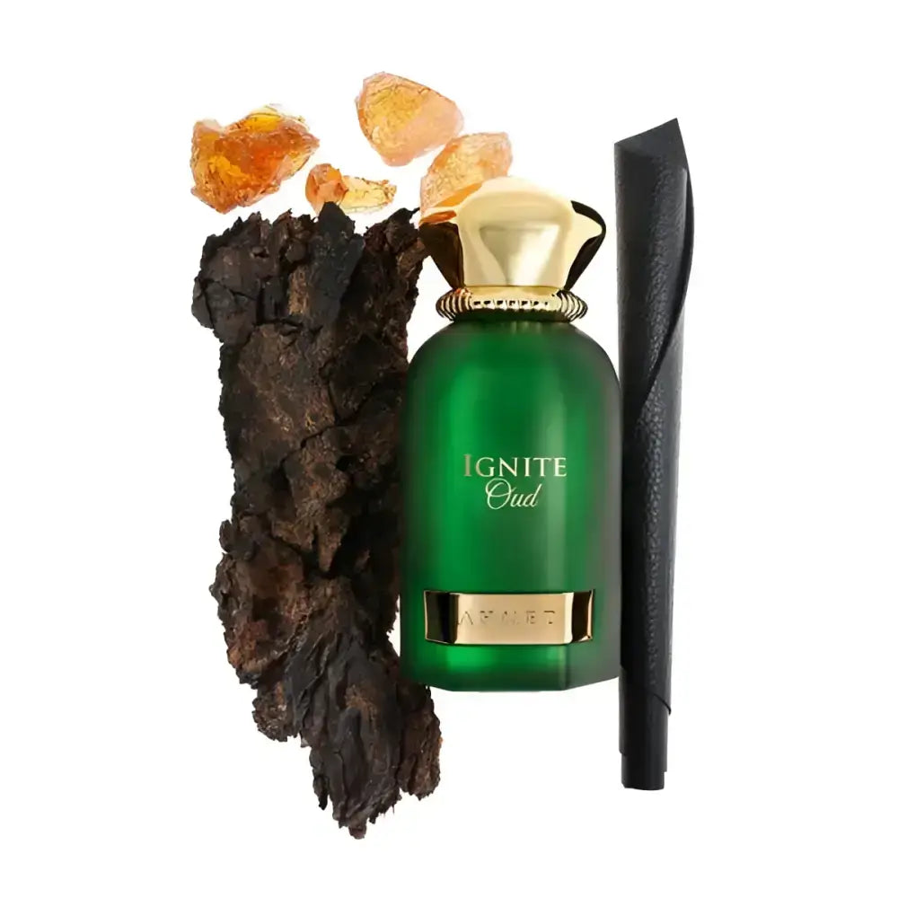 Emerald green glass ignite oud perfume 60ml edp with gold cap and metallic label by ahmed al maghribi