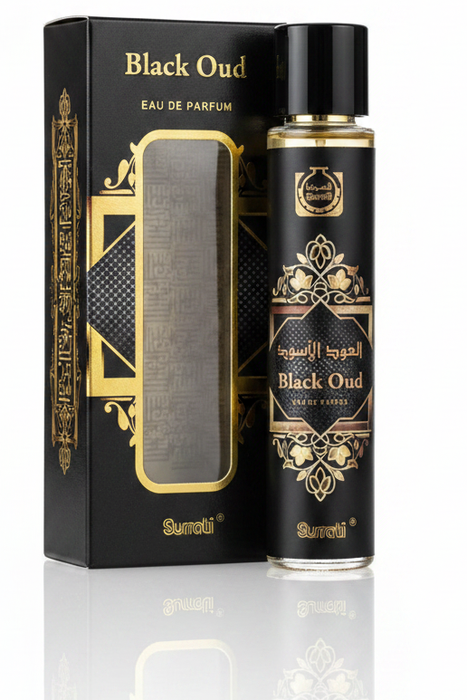 Black Oud perfume bottle and packaging on a reflective surface with a dark background