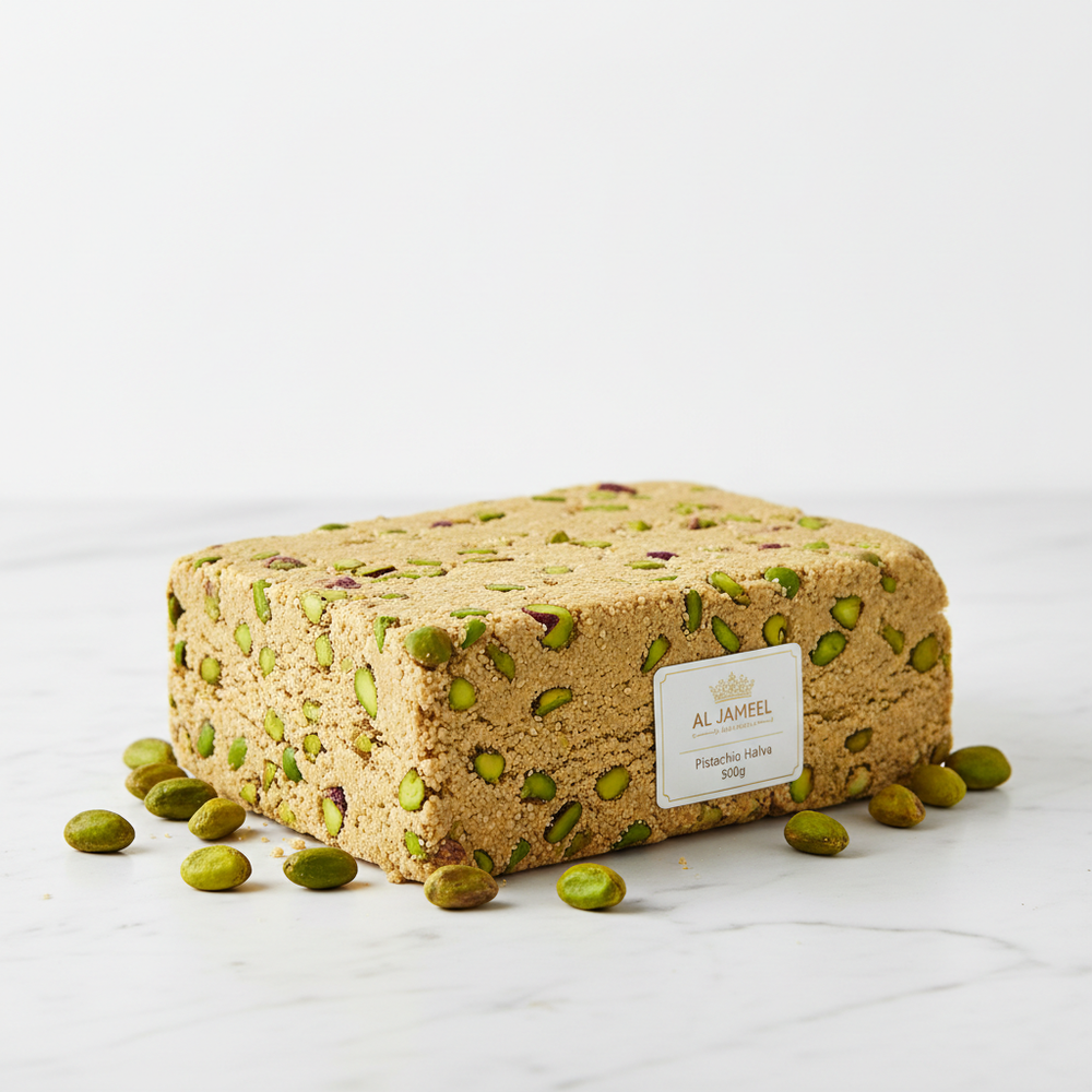 Al Jameel Pistachio Halva 500g – golden sesame halva block with real pistachio pieces on white background
