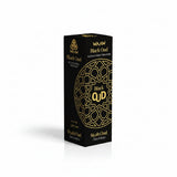 A tall rectangular black box for WAAW Black Oud room and fabric freshener, featuring gold text and an ornate circular geometric pattern on the front, shown on a plain white background.