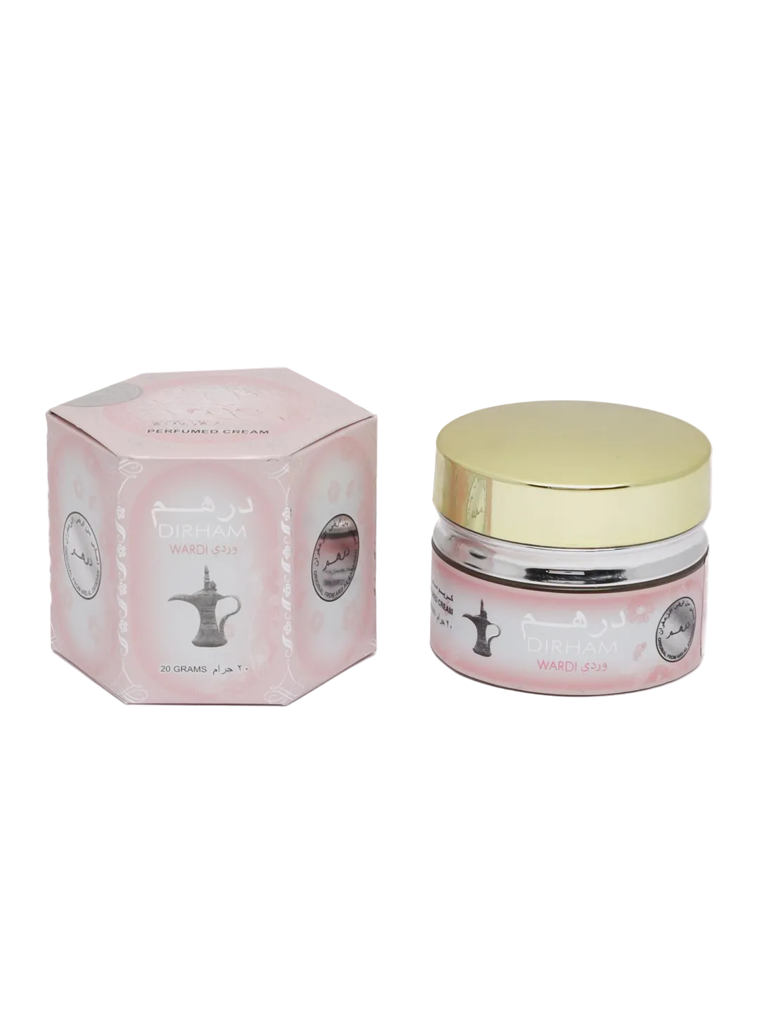 Pink skincare cream jar with gold lid and matching pink box on a white background
