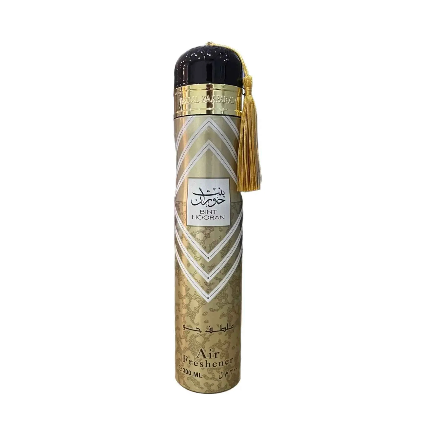Gold and black air freshener with tassel on a white background