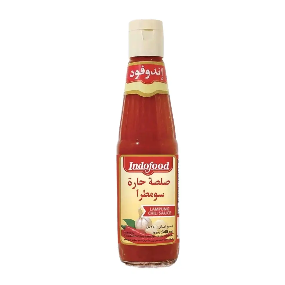 Indofood hot chili sauce 340ml in a clear glass bottle with white flip-top cap and label featuring arabic script