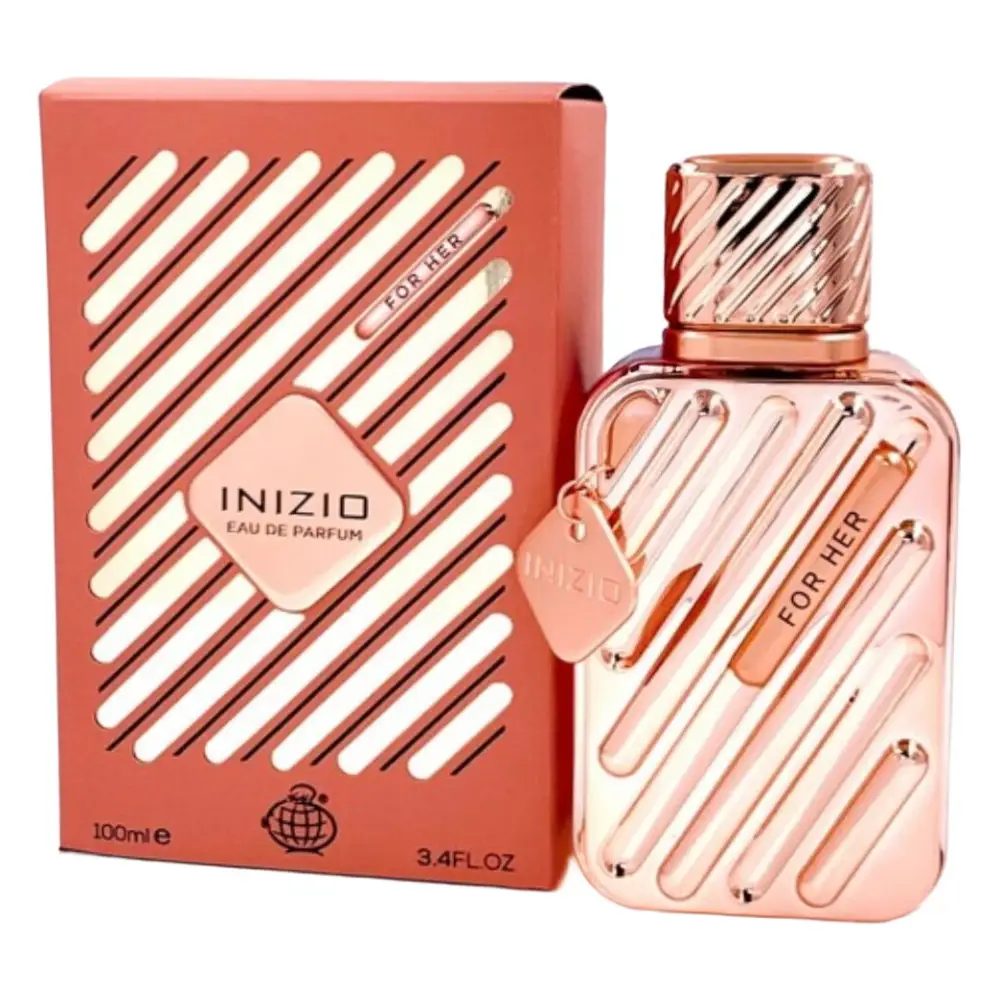 Rose gold inizio for her eau de parfum 100ml bottle with matching geometric box from fragrance world