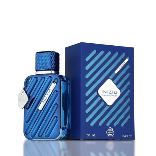 Blue inizio for him eau de parfum 100ml fragrance world bottle with ribbed design and metallic cap
