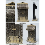Antique gold kaaba door plaque and quran stand ornament with intricate islamic geometric and calligraphic engravings