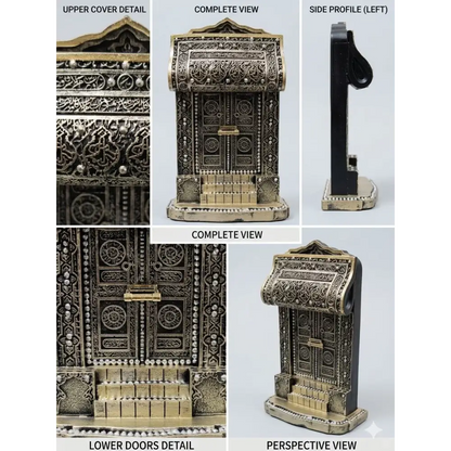 Antique gold kaaba door plaque and quran stand ornament with intricate islamic geometric and calligraphic engravings