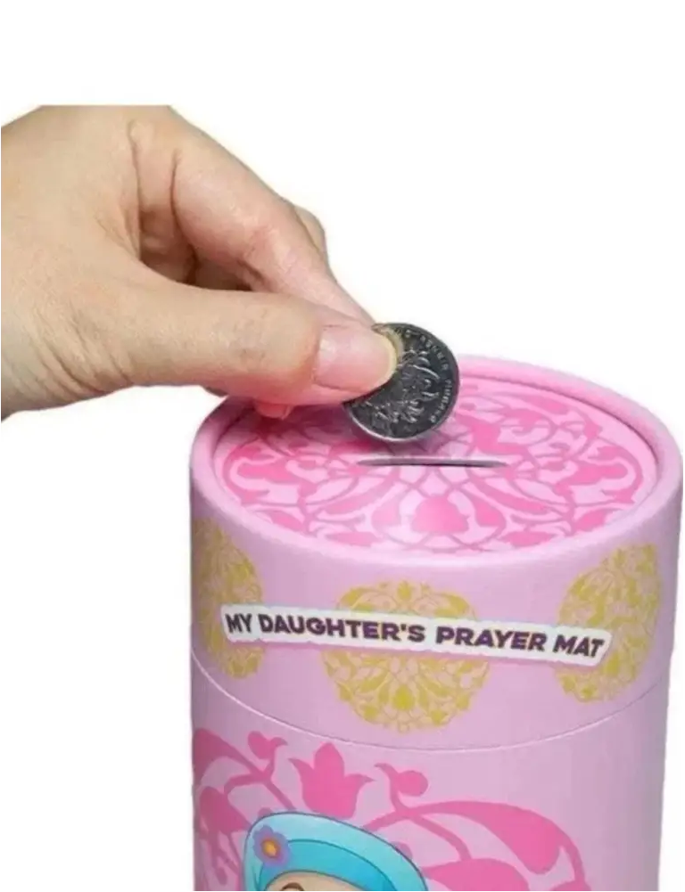 Pink cylindrical money box with floral patterns and cartoon design labeled my daughters prayer mat for islamic prayer rug set