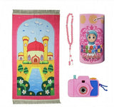 Pink islamic prayer rug set for kids with cartoon mosque design fringed edges small prayer mat for children