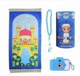 Blue islamic prayer rug set for kids with cartoon mosque design and fringed edges small prayer mat for boys and girls