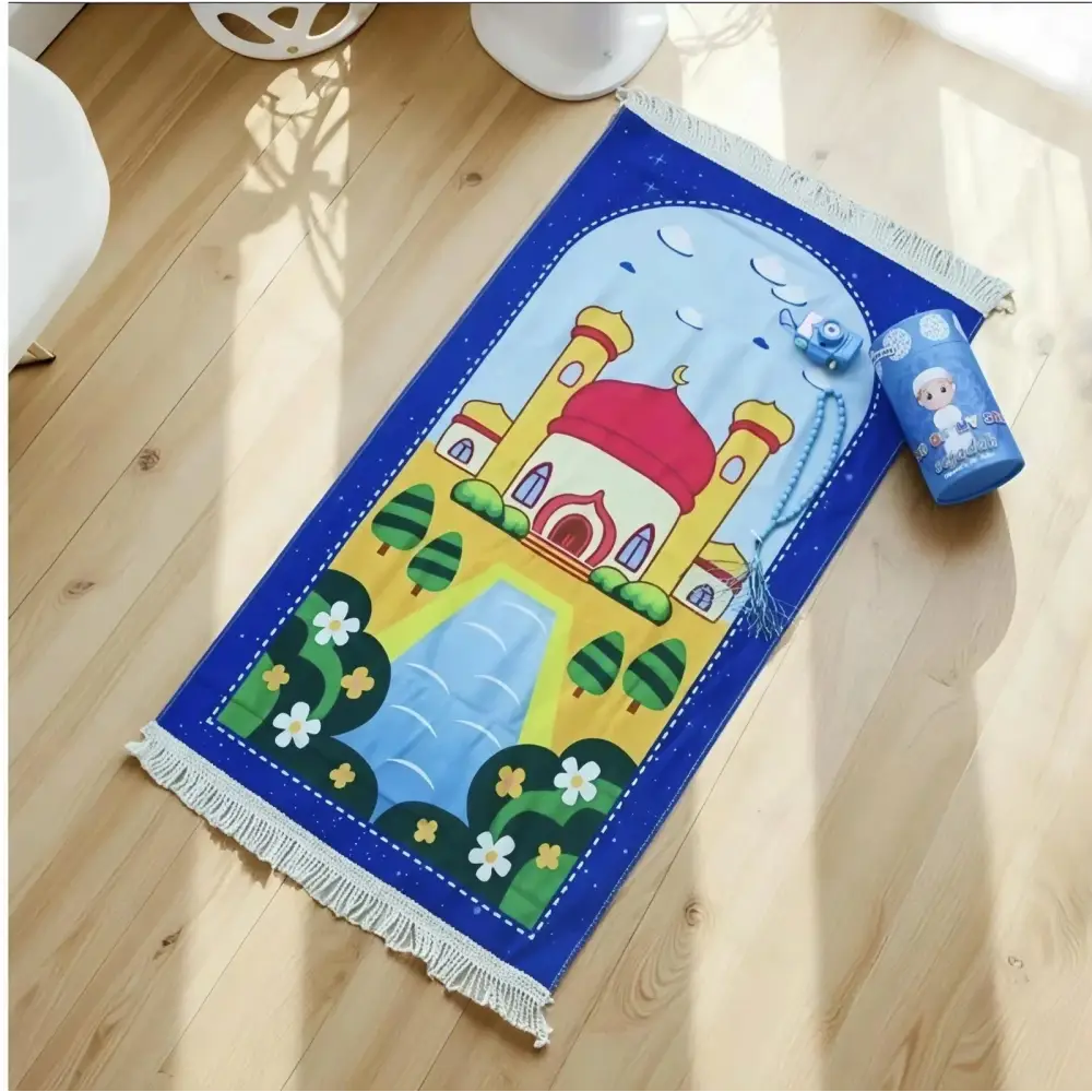Blue small prayer mat for children with cartoon mosque design and white fringe islamic prayer rug set