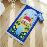 Blue small prayer mat for children with cartoon mosque design and white fringe islamic prayer rug set